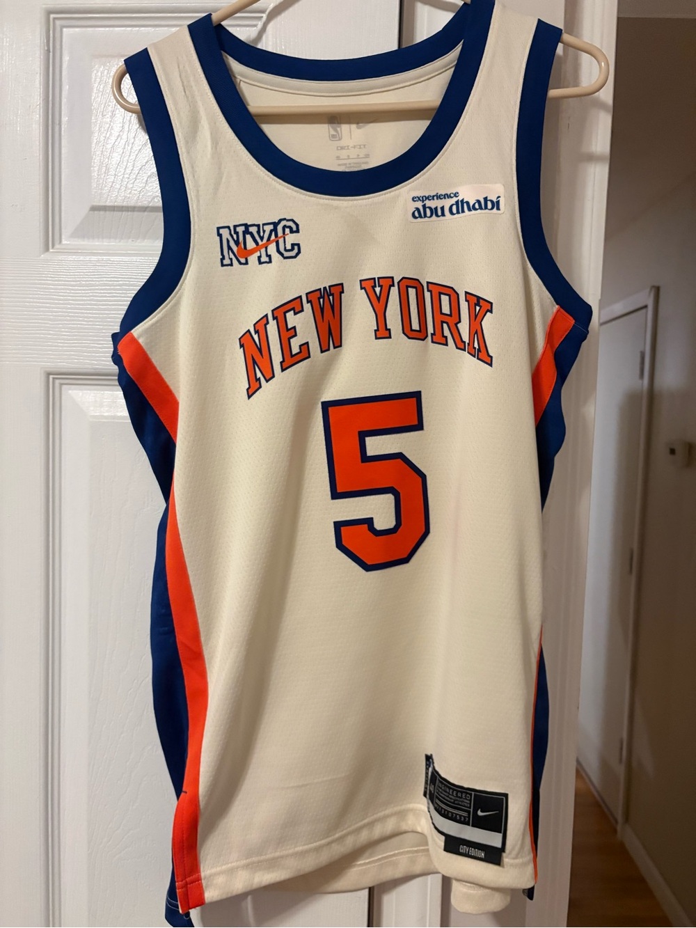 NBA Kids New York #5 Cream, Blue & Orange Basketball Jersey